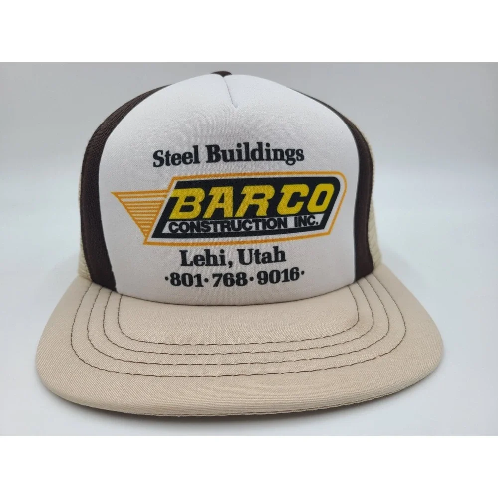 Vintage Barco Construction Steel Buildings Lehi Utah Mesh Snapback Hat Cap Beige